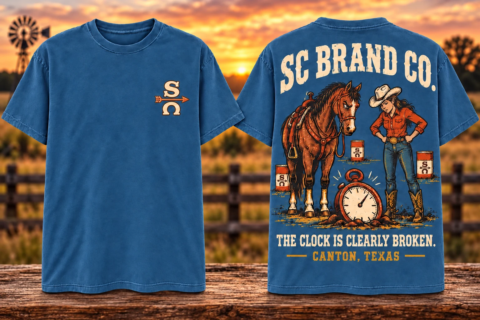 The Clock Is Broken in Indigo Blue — front and back shirt views